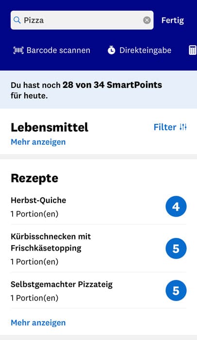 Weight Watchers Rezepte und ihrer Punkte werden sofort in der Suche dargestellt