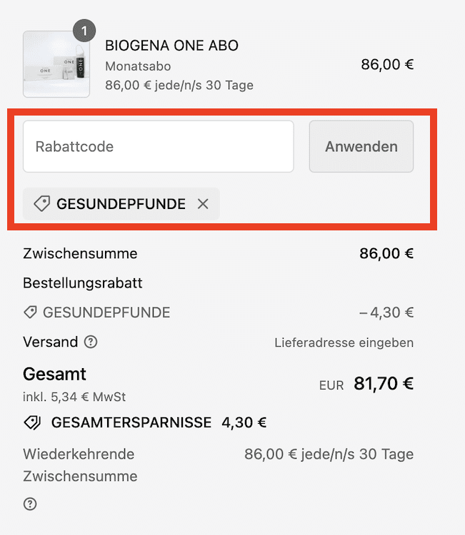 Biogena One Rabattcode eingeben