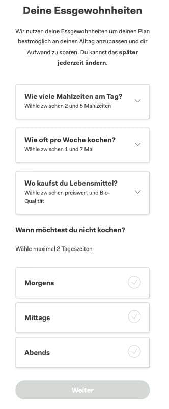 Du bestimmst deine Essgewohnheiten sehr individuell und kannst auch anpassen, wie oft du pro Woche kochen möchtest.