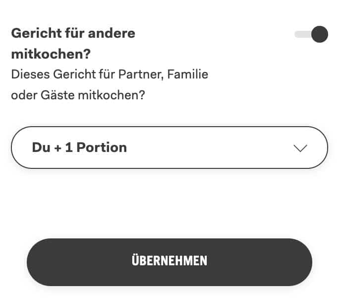 Du kannst Personen zu einem Gericht hinzufügen und Upfit passt automatisch das Rezept und die Einkaufsliste an.